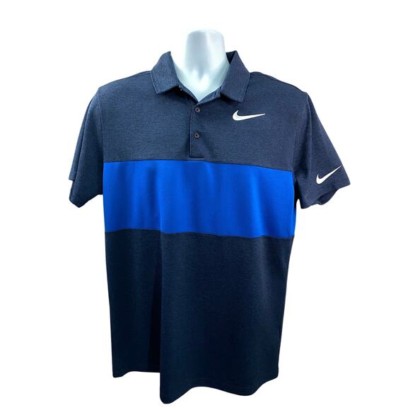 Nike Golf Polo Shirt Navy Blue Royal Stripe Colorblock Size M - Picture 1 of 10